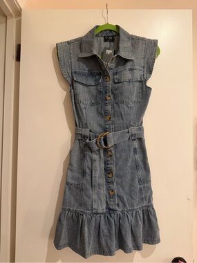 Fate Light Blue Sleeveless Ruffle Denim Button-Front Dress with Belt